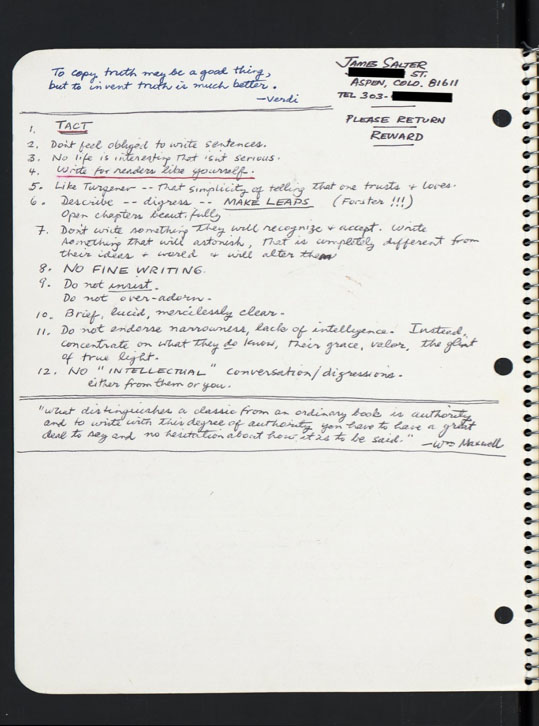 The inside cover from a notebook containing pages from James Salter's novel Solo Faces