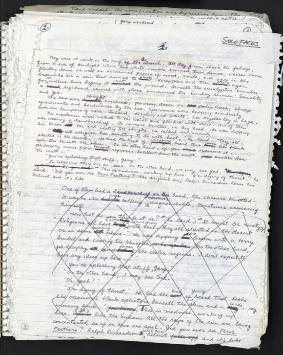 First page of a notebook containing James Salter's novel Solo Faces