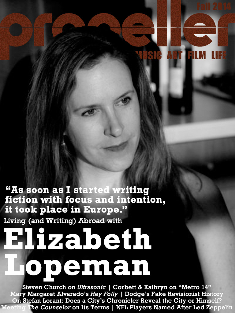 The cover of the fall 2014 issue of Propeller, featuring a black and white photo of writer Elizabeth Lopeman
