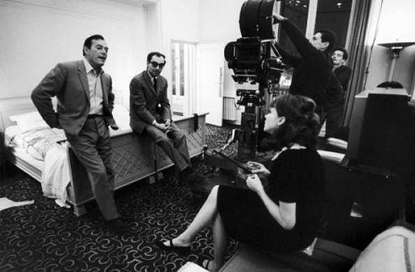 Jean-Luc Godard, Eddie Constantine, and Anna Karina on the set of Alphaville