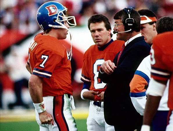 John Elway, Gary Kubiak, Dan Reeves, and Visor Man