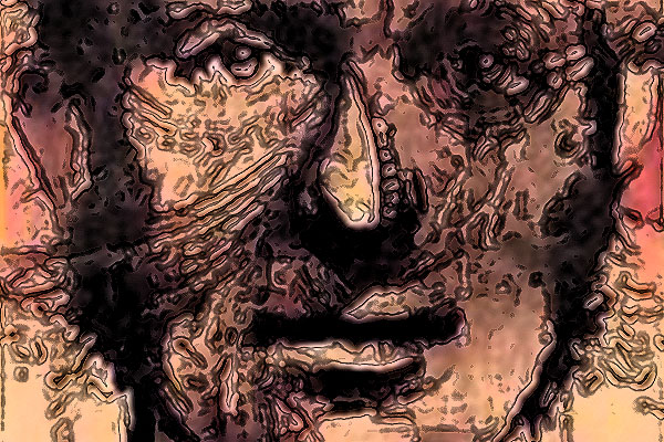 illustration of a detail from the cover of The Bone People: ink drawing of a man's face