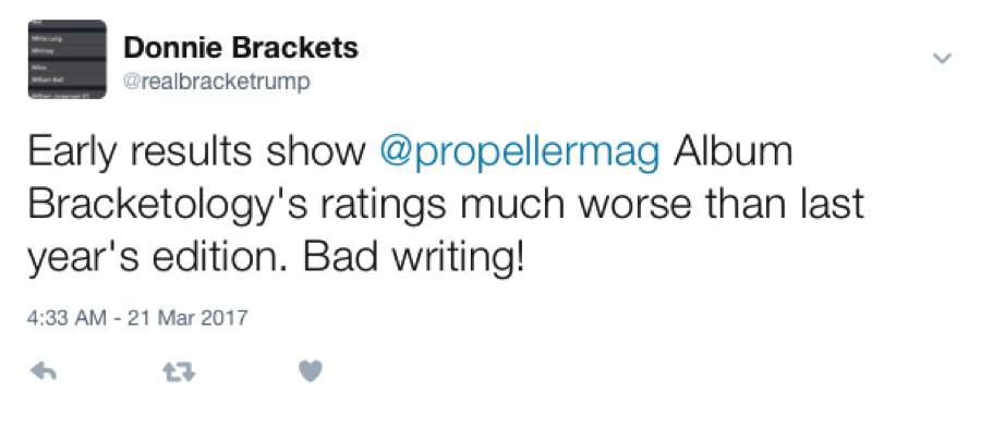 tweet from Donnie Brackets reads 'Early results show propellermag album bracketology's ratings much worse than last year's edition. Bad writing!