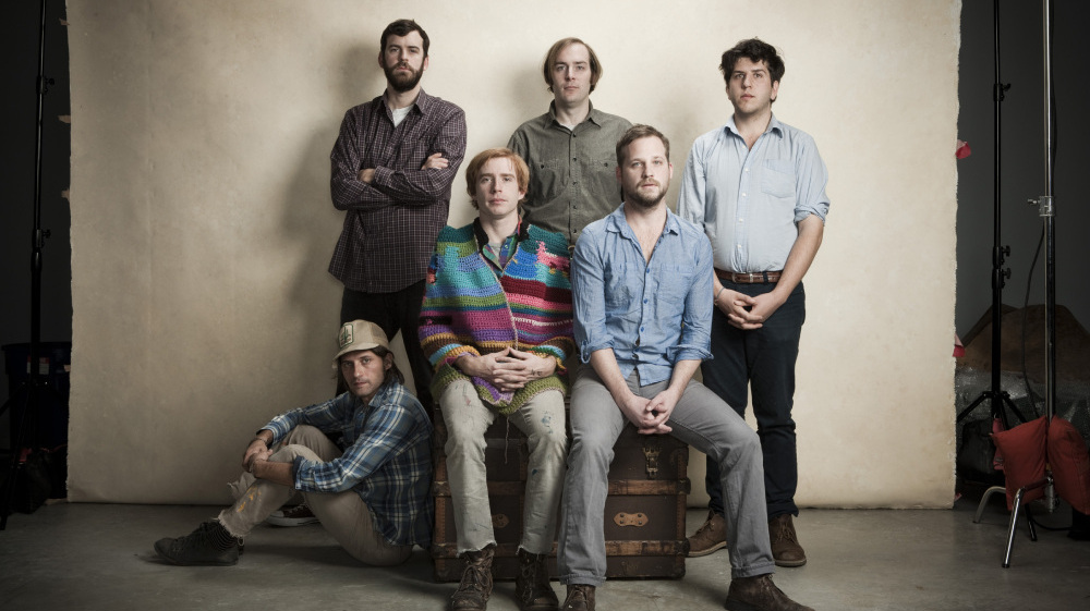 Dr. Dog in front of a paper backdrop in a photo studio