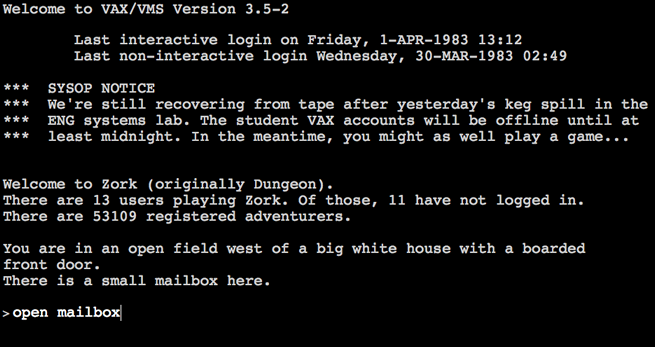 the opening of the text-based adventure game Zork